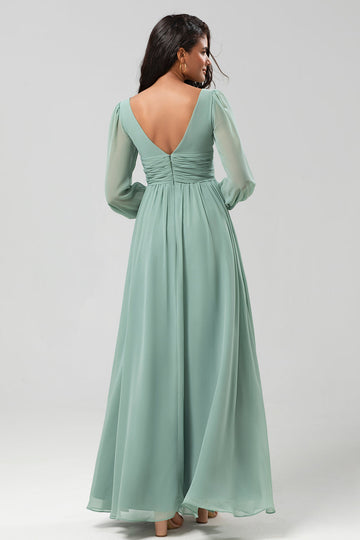 A Line Green Long Sleeves Bridesmaid Dress med Slit